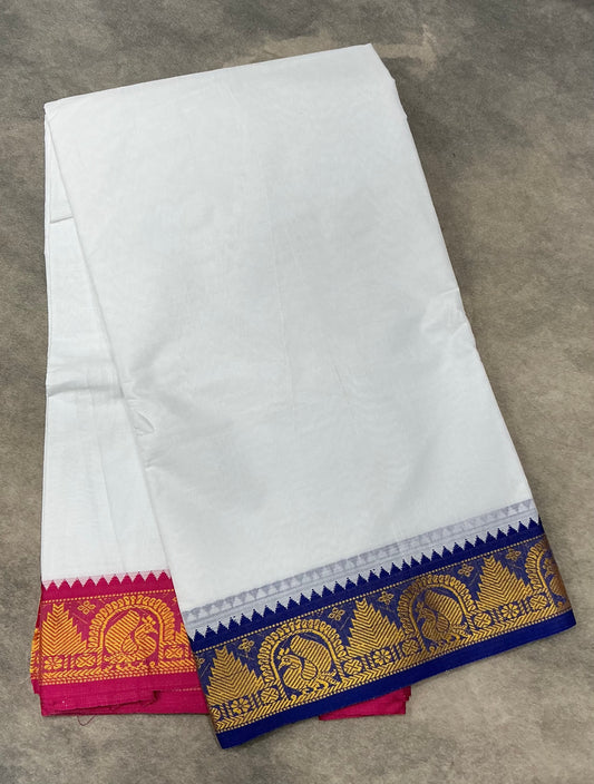 9X6 Cotton Dhoti White Colour with Navy Blue and Pink Border with Angavastram