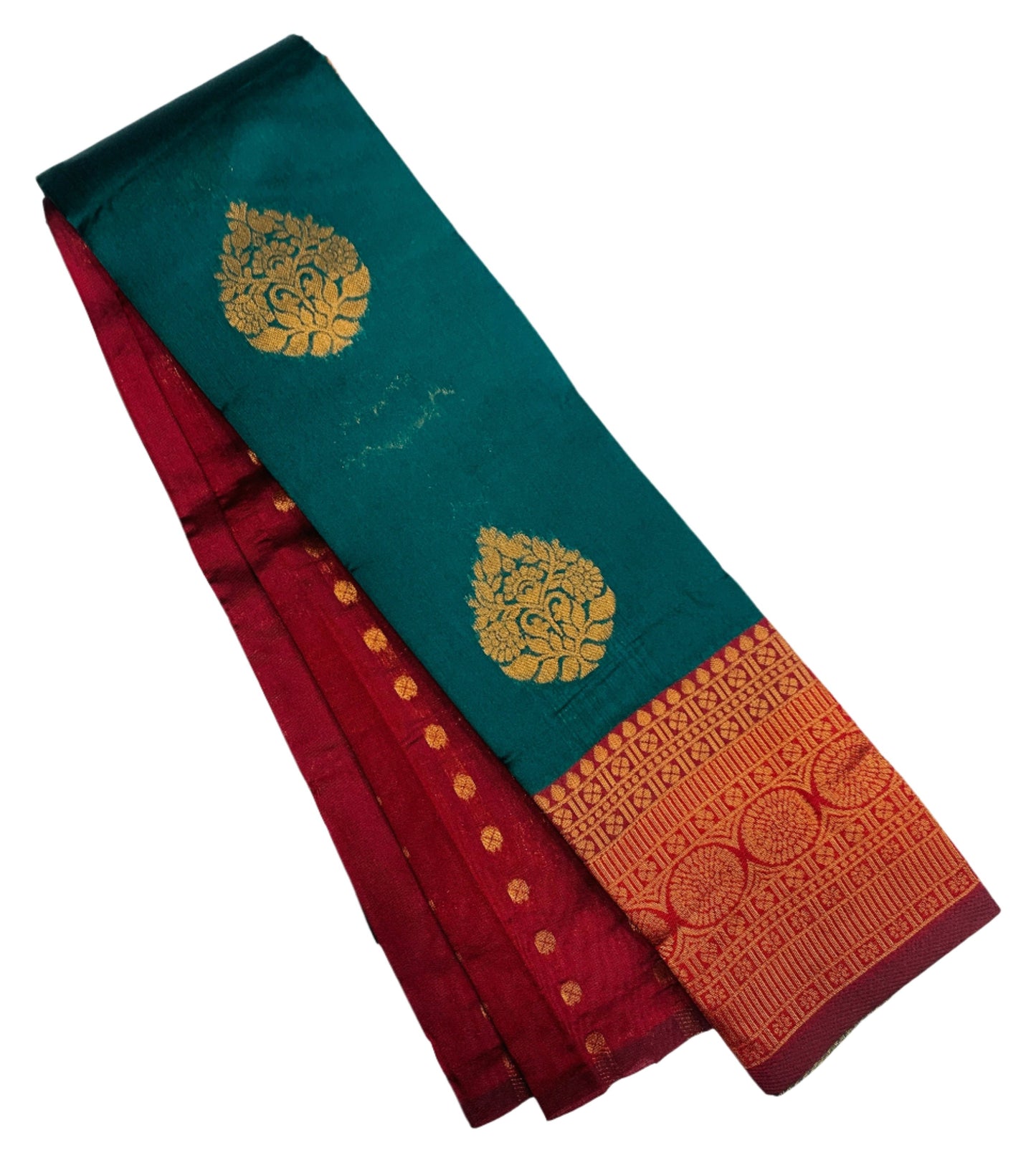 Art Silk Saree Peacock Green Colour with Maroon Border