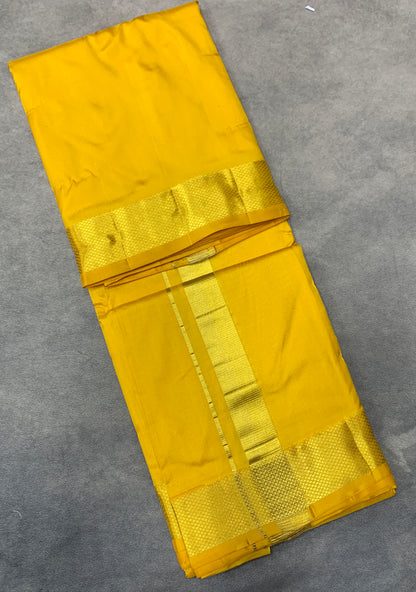 9X5 Pure Silk Dhoti Golden Mustard with Large Golden Zari Border