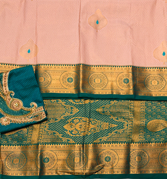 Bridal Vegan Silk Saree Sandal Colour with Sapphire Border with Unstitched blouse in Aari work