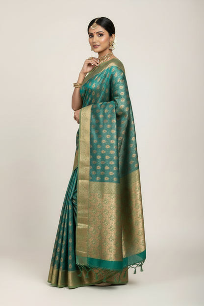 Vegan Silk Saree Light Green Colour with Copper Border