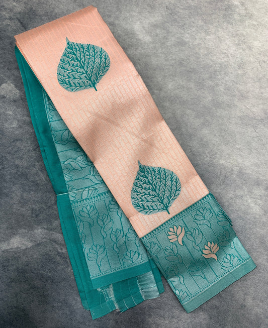 Art Silk Saree Light Peach Colour with Rama Blue Colour Border