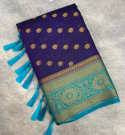 Crepe Saree Navy Blue Colour with Sky Blue Border