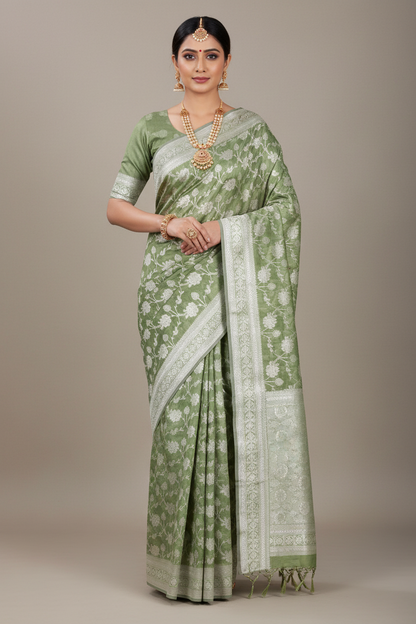 Banaras Katan Saree Light Green Colour with Katan Work Border