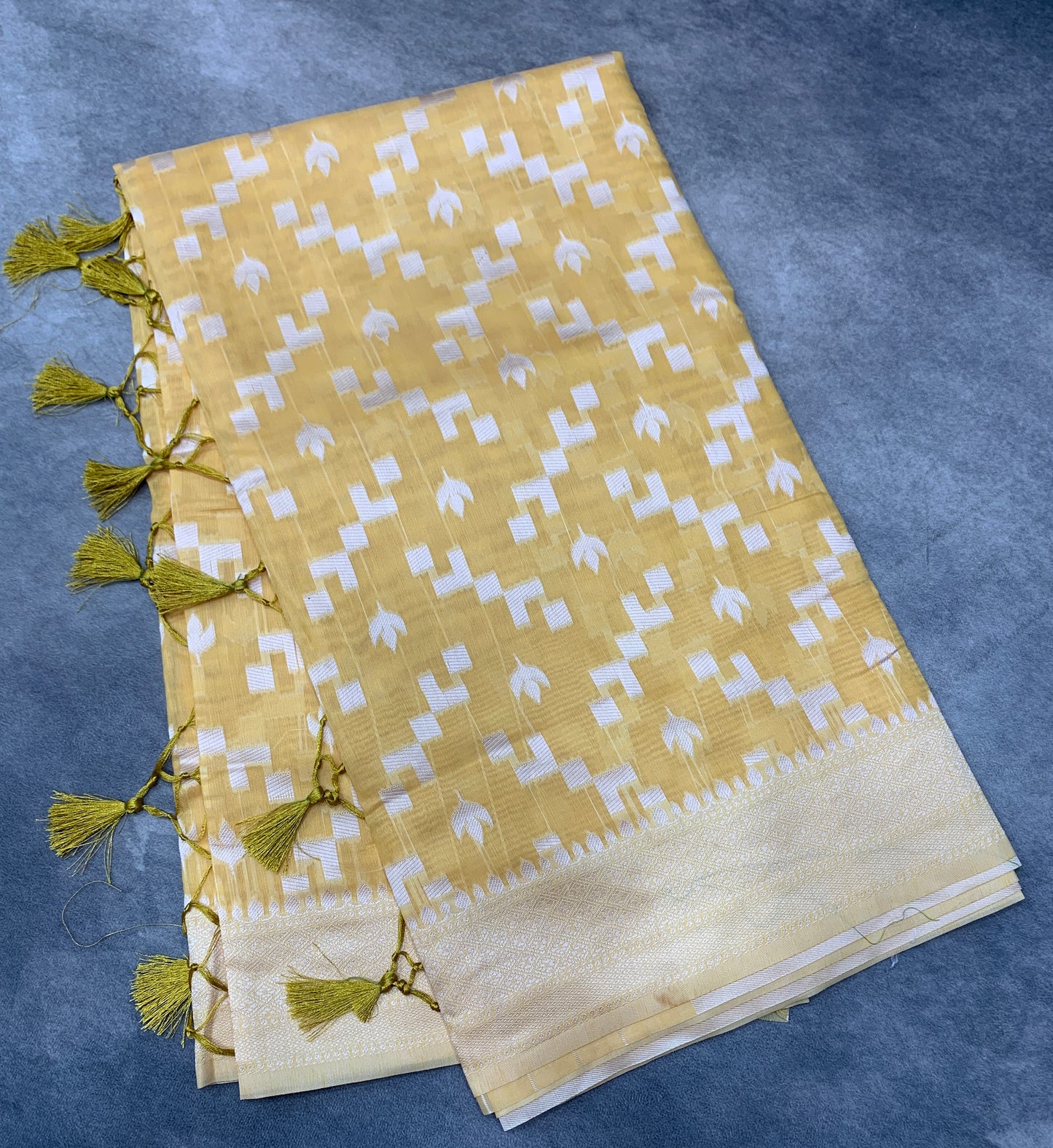 Banaras Katan Saree Yellow Colour with Katan Work Border