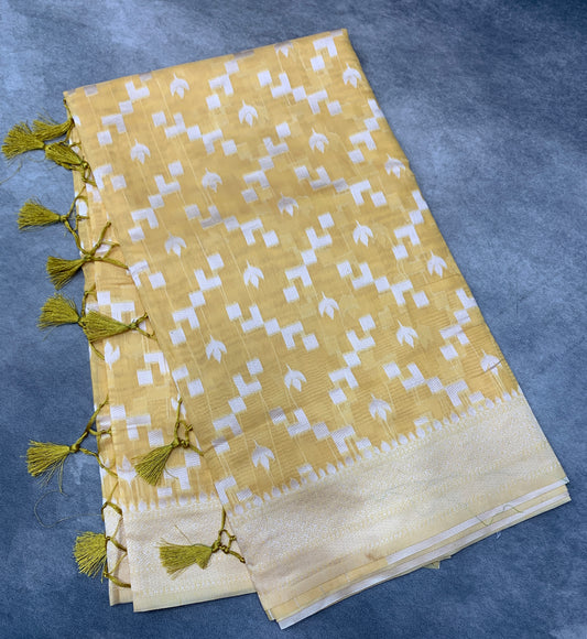 Banaras Katan Saree Yellow Colour with Katan Work Border