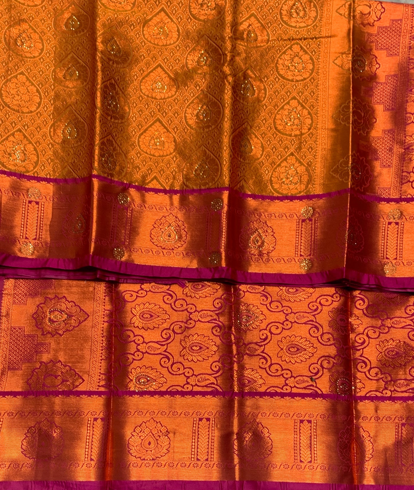 Vegan Silk Saree Golden Yellow Colour with Copper and Pink Border