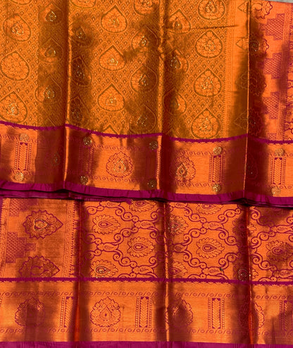 Vegan Silk Saree Golden Yellow Colour with Copper and Pink Border