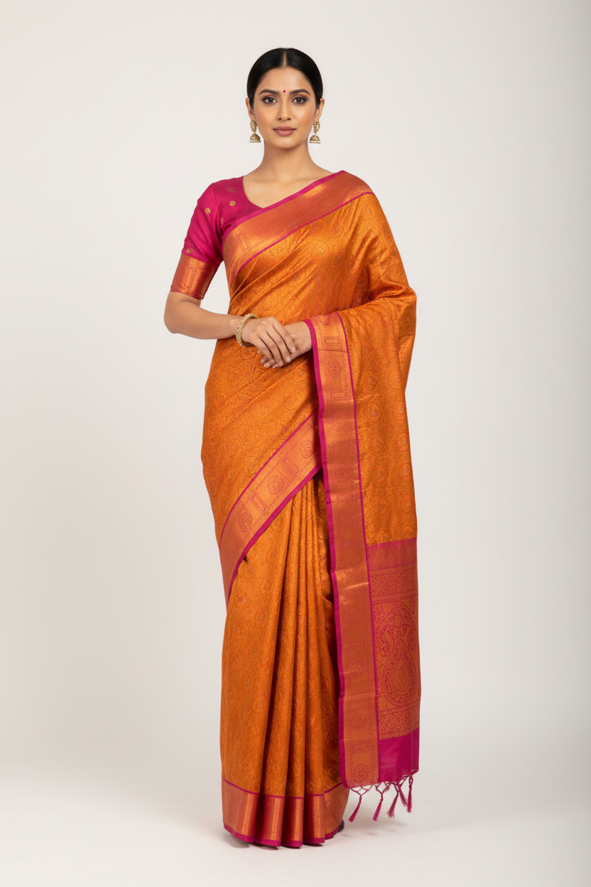 Vegan Silk Saree Golden Yellow Colour with Copper and Pink Border