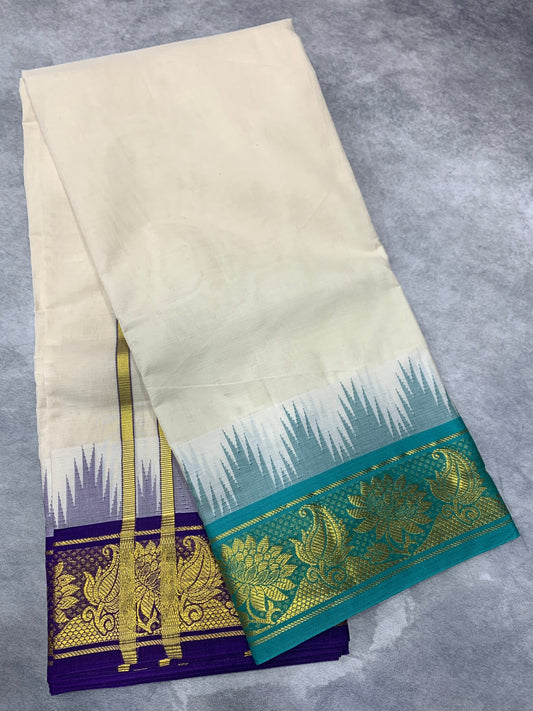 Korvai Cotton Dhoti Half White Colour Green and Blue Border
