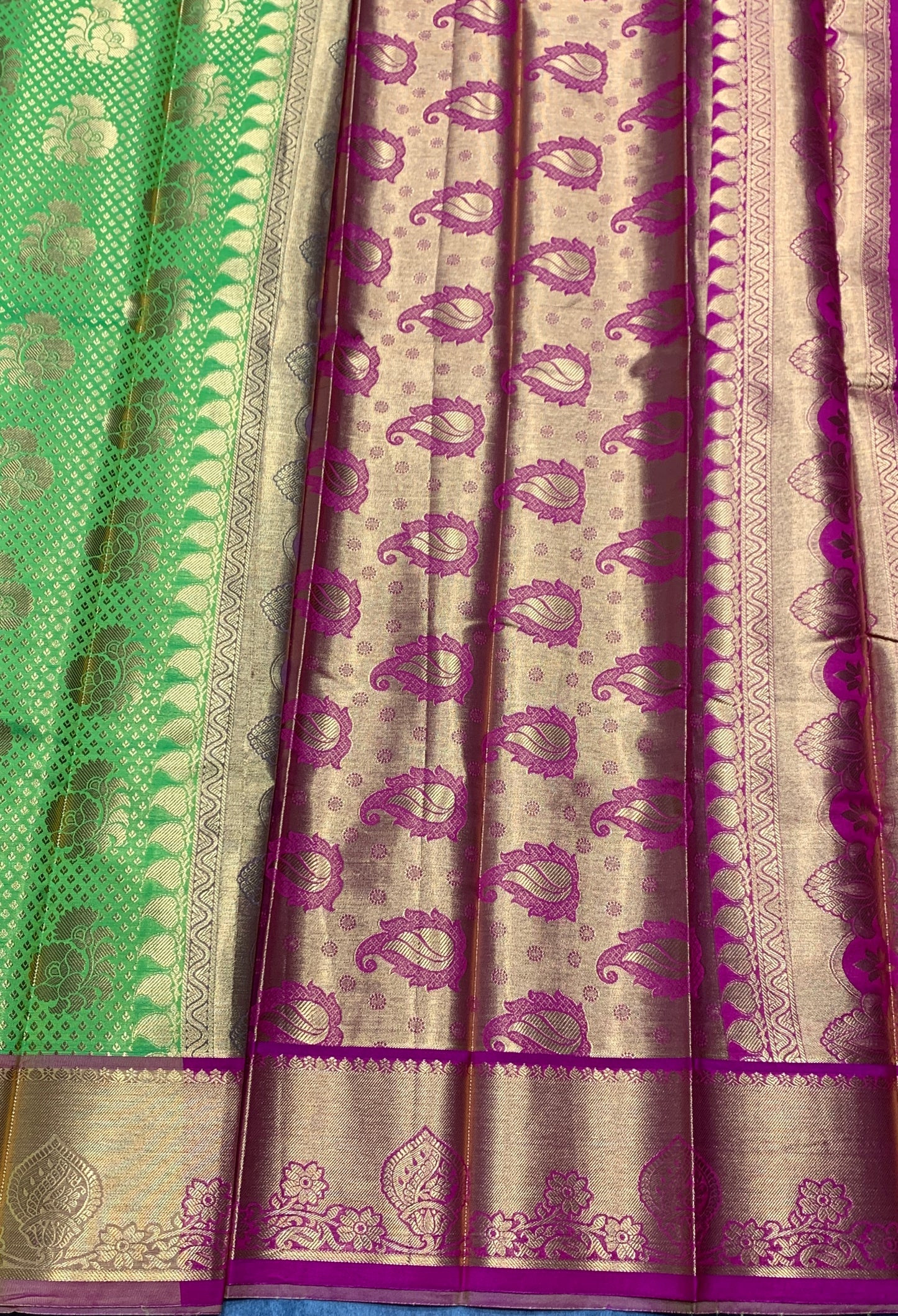 Vegan Silk Saree Apple Green Colour with Pink and Copper Border