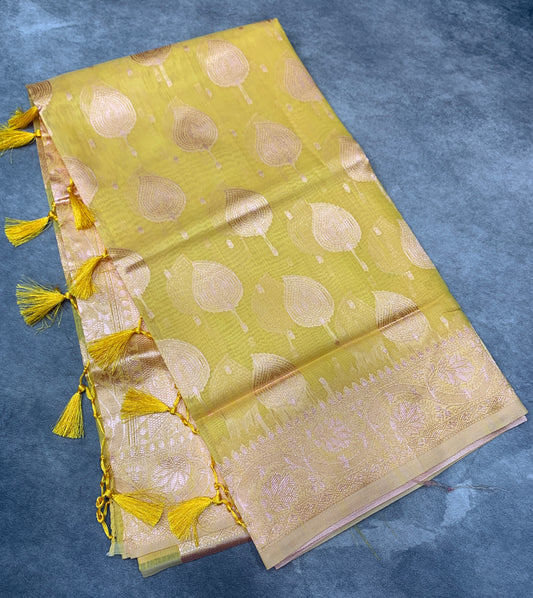 Banaras Katan Saree Yellow Colour with Katan Work Border