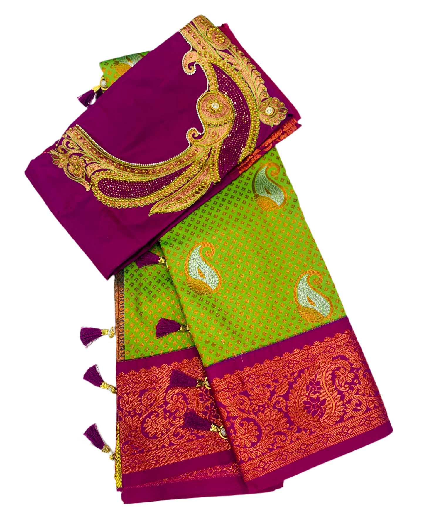 Bridal Vegan Silk Saree Apple Green shade with Pink Border with Unstitched blouse in Aari work