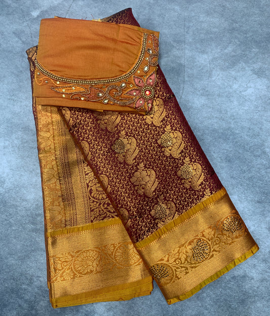 Bridal Vegan Silk Saree Maroon shade with Golden Yellow Border with Unstitched blouse in Aari Work
