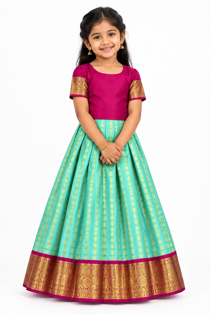 Sapphire Shade Pure Kanchipuram Kids Pattu Pavadai with Contrast Border for age 5 to 10