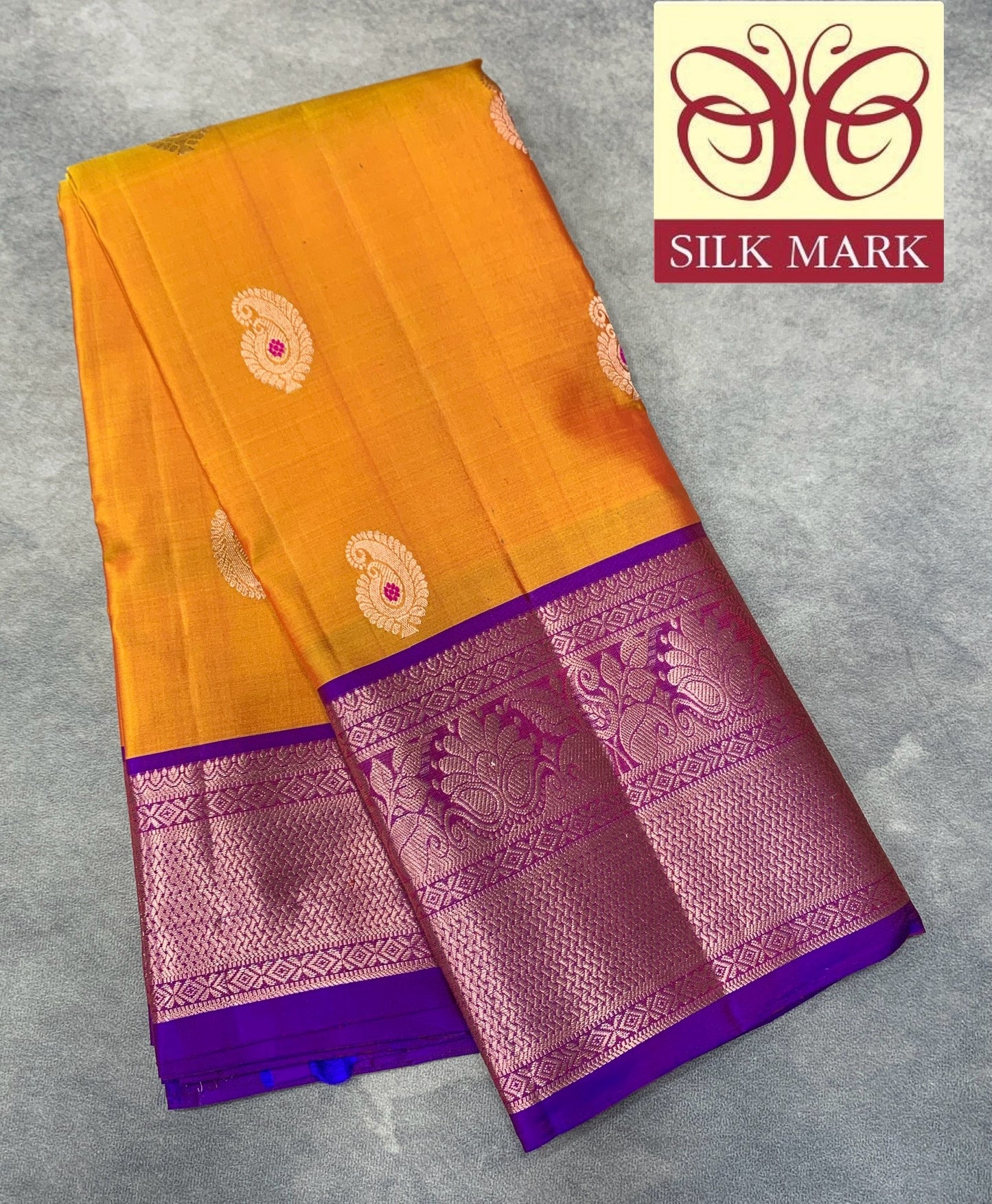 Pure Kanchipuram Silk Saree Mango Yellow Colour with Purple Border