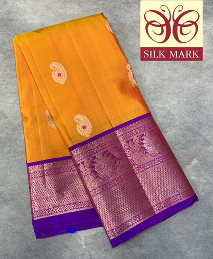 Pure Kanchipuram Silk Saree Mango Yellow Colour with Purple Border