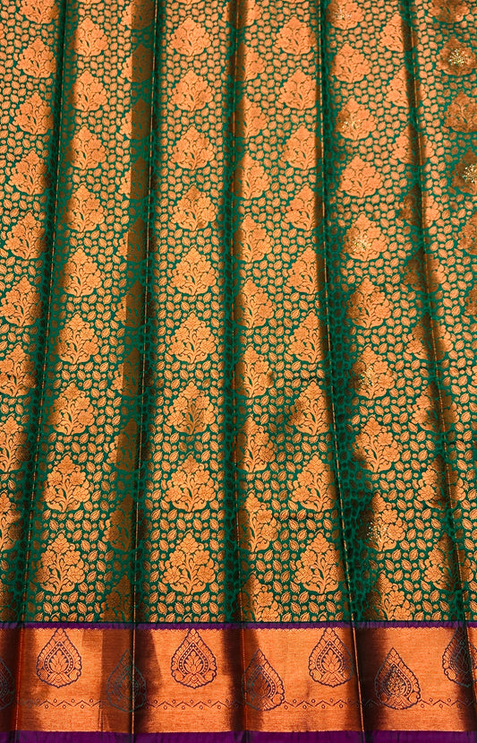 Vegan Silk Saree Green Colour with Copper and Magenta Border