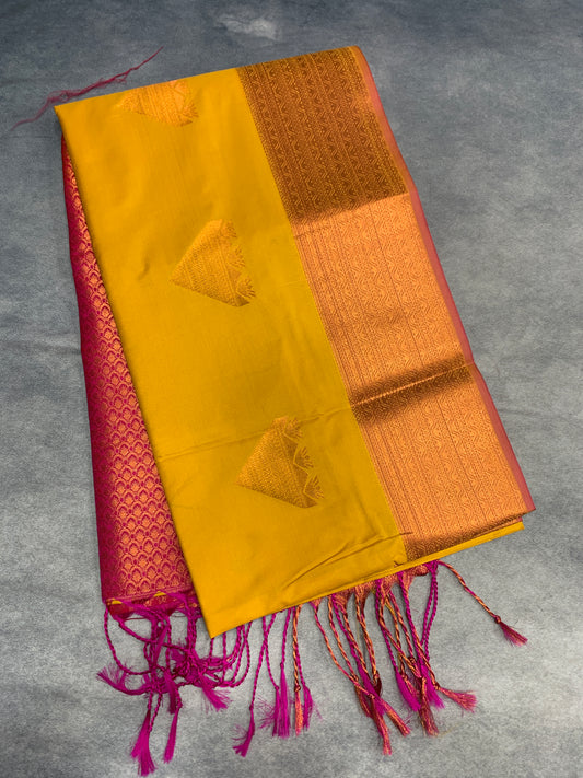 Soft Vegan Silk Saree Yellow Colour with Pink and Copper Border