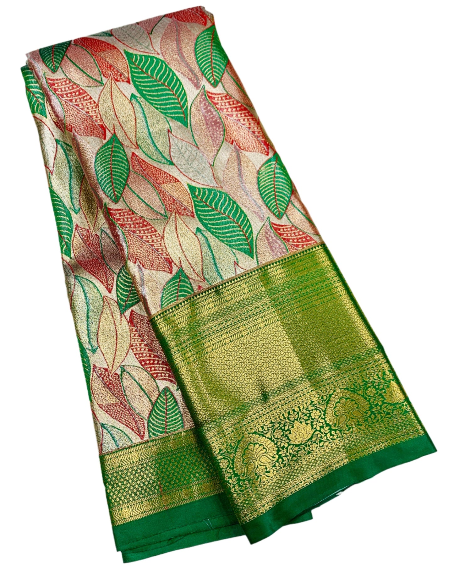 Green & Orange Leaf Soft Kanchi Tissue Pattu Saree with Green Border