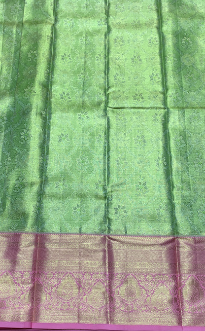 Apple Green Colour Soft Kanchi Tissue Pattu Saree with Baby Pink border