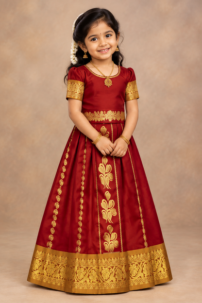 Maroon Shade Semi silk Kids Pattu Pavadai with Contrast border for age 5 to 10