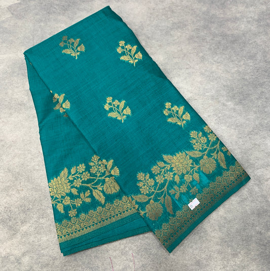 Kora Silk Saree Rama Green Colour with Flower Design Border