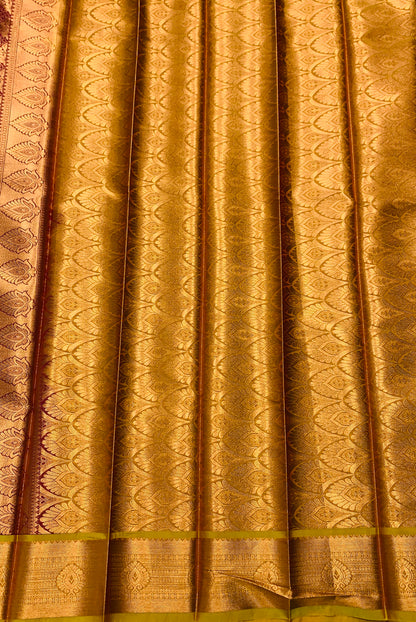 Vegan Silk Saree Maroon Colour with Copper and Golden Yellow Colour Border