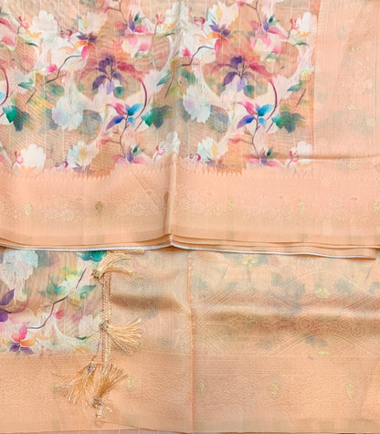 Digital Print Cotton Saree Light Peach Colour with Floral Pattern