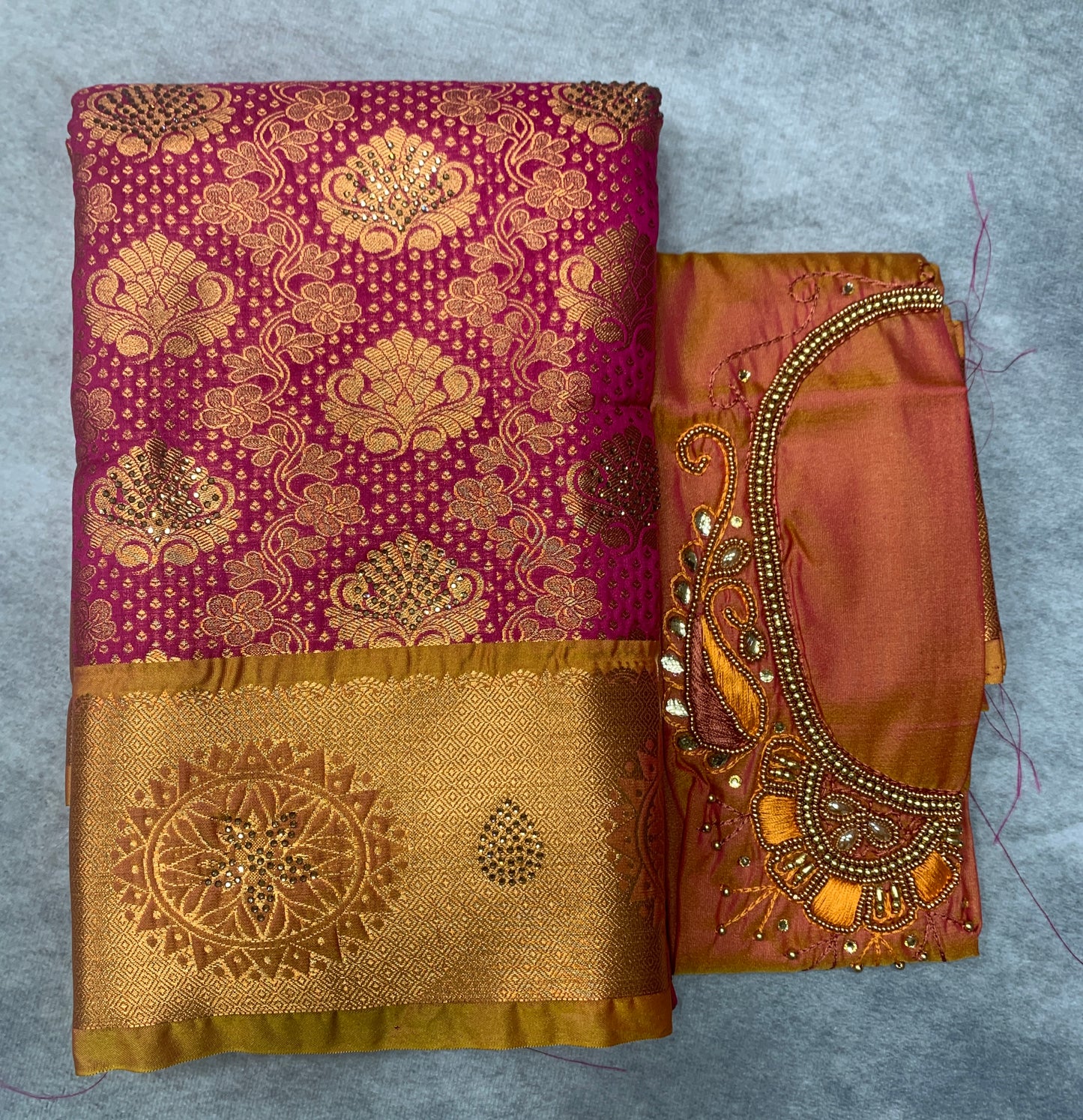 Bridal Vegan Silk Saree Pink shade with Golden Yellow Border with Unstitched blouse in Aari Work