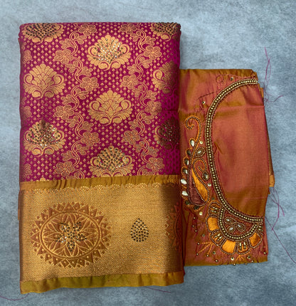 Bridal Vegan Silk Saree Pink shade with Golden Yellow Border with Unstitched blouse in Aari Work