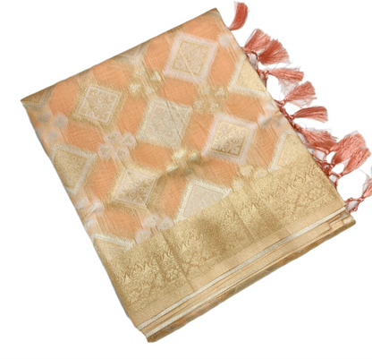 Soft Vegan Silk Saree Peach Colour with Sliver Zari Border