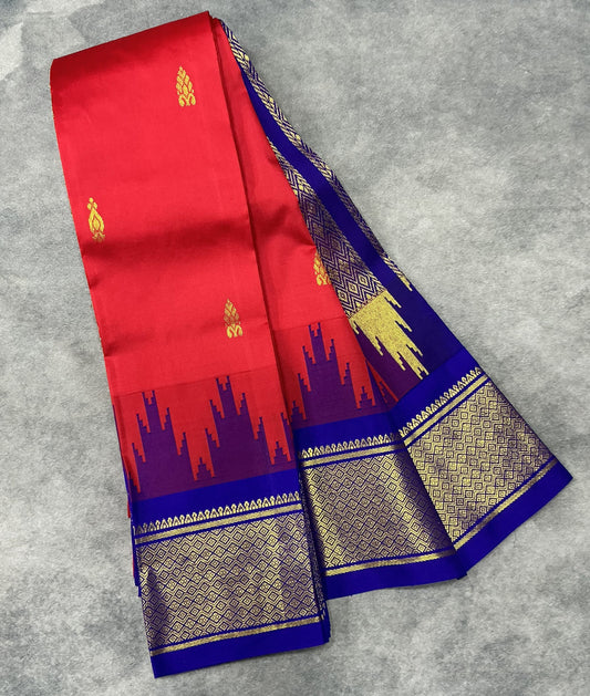 Semi Silk Saree Red Colour with Violet and Gold Zari Border