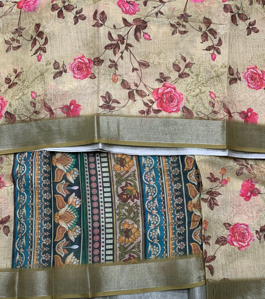 Jute Cotton Saree Light Olive Green Shade with Thread Border