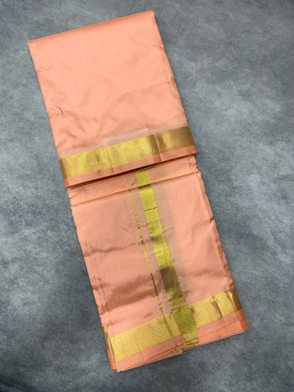 9X5 Pure Silk Dhoti Peach with Golden Zari Border
