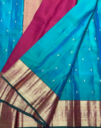Pure Kanchipuram Silk Sapphire Colour with Red and Golden Zari Border