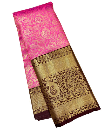 Baby Pink Colour Semi Silk Saree with Big Brown Border