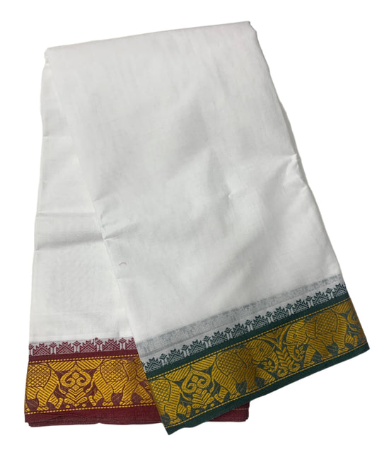 9X5 Cotton Dhoti White Green and Maroon Border with Angavastram