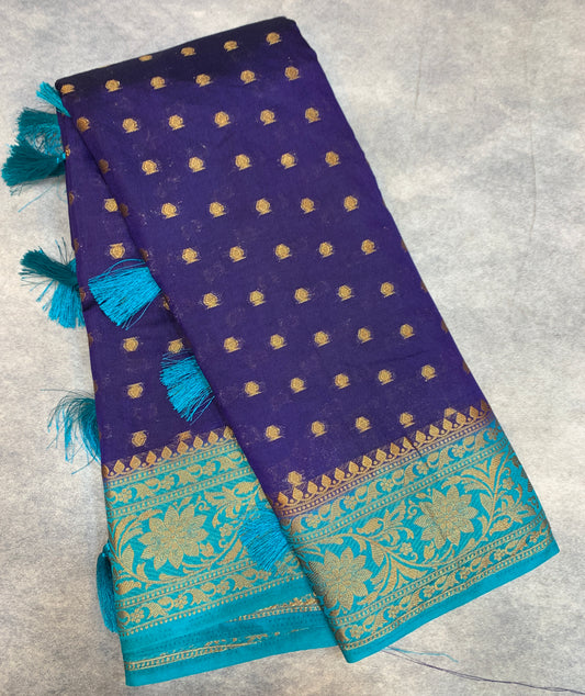 Crepe Saree Navy Blue Colour with Sky Blue Border