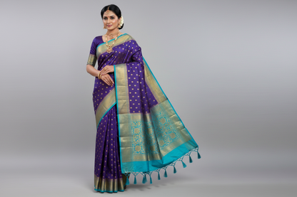 Crepe Saree Navy Blue Colour with Sky Blue Border