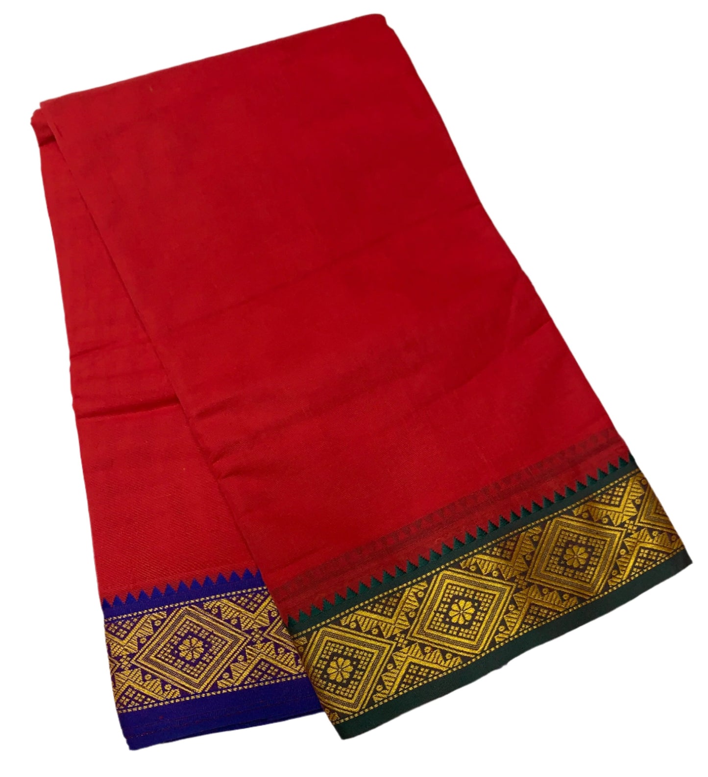 9X5 Cotton Dhoti Red Colour with Green and Blue Border