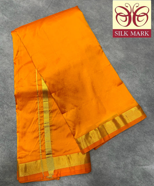 9X5 Pure Silk Dhoti Mango Yellow with Golden Zari Border