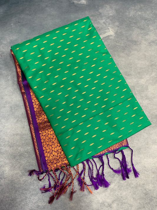 Soft Vegan Silk Saree Light Green Colour with Magenta and Copper Border