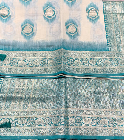 Banaras Katan Saree Off White Colour with Rama Green Katan Work Border
