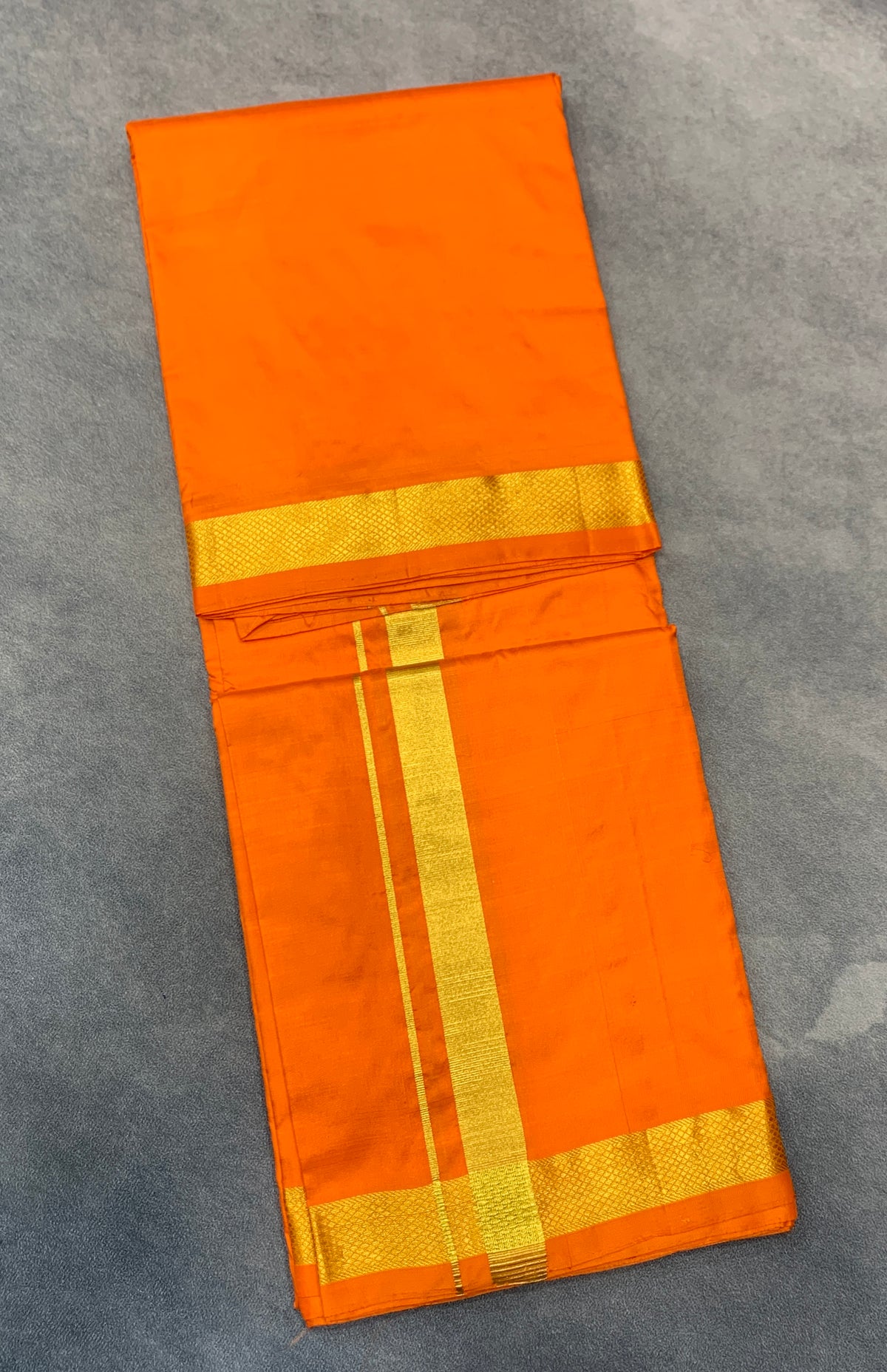 9X5 Pure Silk Dhoti Orange Colour with Small Golden Zari Border