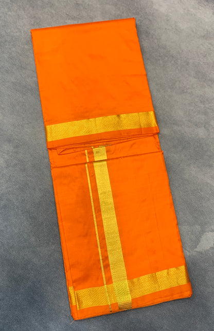 9X5 Pure Silk Dhoti Orange Colour with Small Golden Zari Border