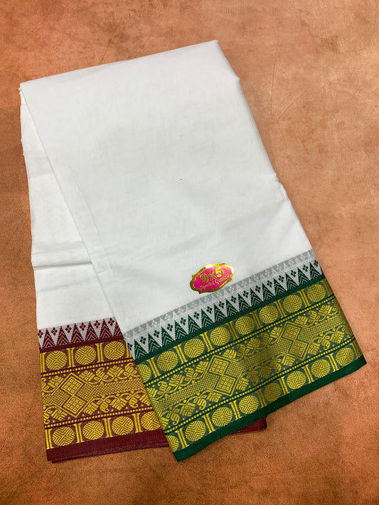 9X5 Cotton Dhoti White with Green and Brown Ganga Jamuna Border