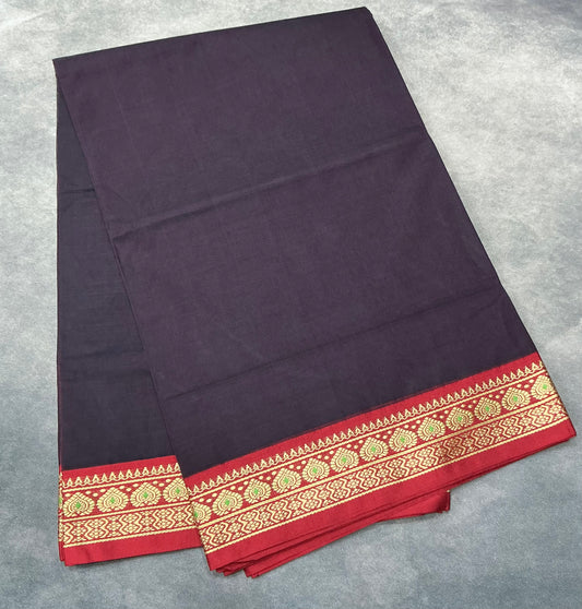 Chettinad Cotton Saree Dark Magenta Colour with Red Colour with Thread Work Border