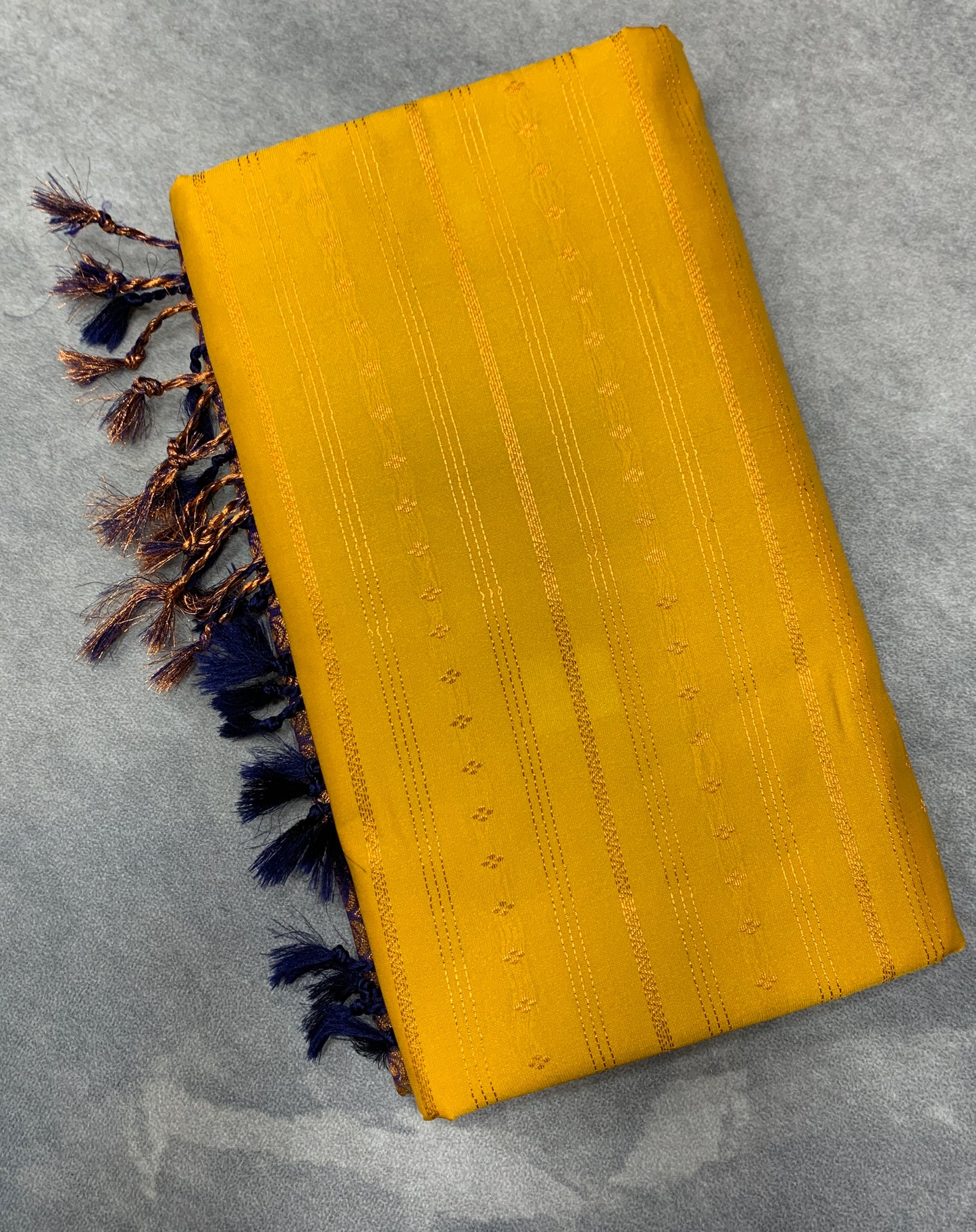 Soft Vegan Silk Saree Yellow Colour with Blue and Copper Border