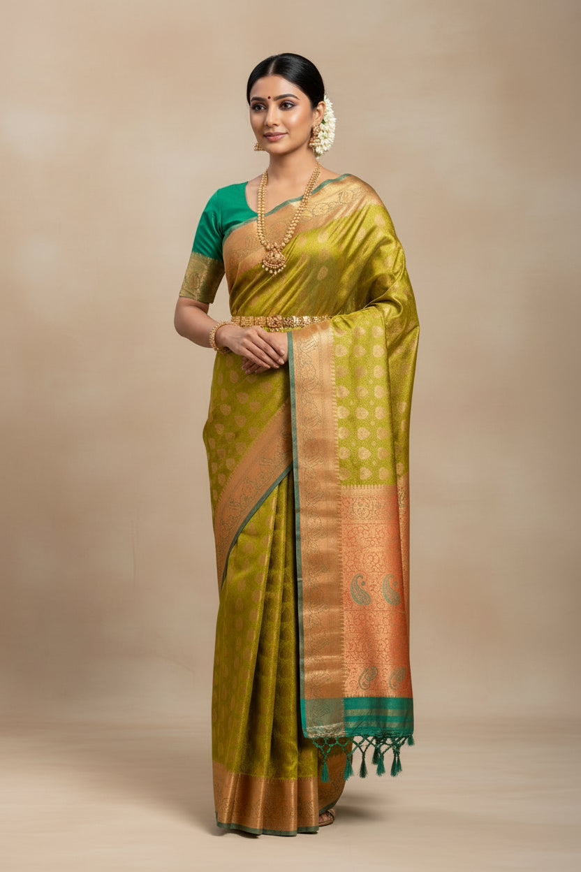 Vegan Silk Saree Lime Green Colour with Green and Copper Border